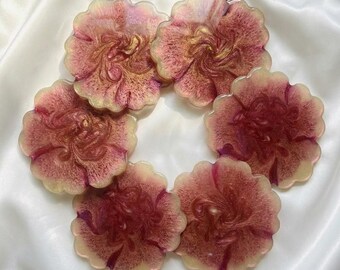 Handmade Pink Floral Resin Coaster Set, Unique Rose Petal Effect Drink Coaster with Gold Glitters, Romantic Home Decor, Housewarming Gift