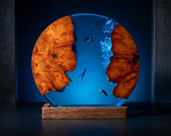 Scuba Diver And Sea Turtle Resin Lamp, Ocean Night Light Desk Decor, Underwater Epoxy Wood Art Lamp, Marine Life Gift For Diver