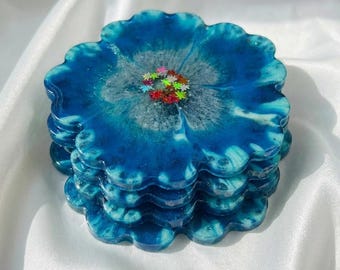 Handmade Blue Floral Resin Coaster Set, Unique Ocean Blue Flower Drink Coaster with Colorful Glitters, Aesthetic Home Decor