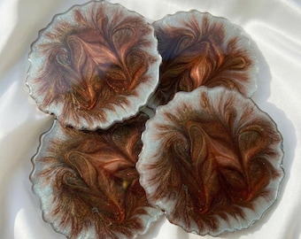 Handmade Copper Floral Resin Coaster Set, Unique Bronze Flower Drink Coaster with Smoky White Edges, Vintage Home Decor, Housewarming Gift