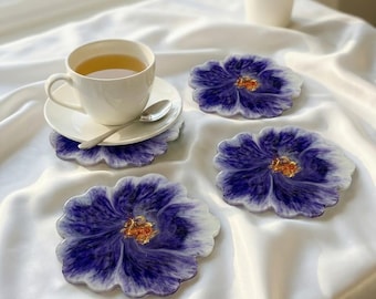 Handmade Purple Flower Resin Coaster Set, Unique Floral Drink Coaster with Gold Glitters, Elegant Home Decor, Housewarming Gift, Tea Mat