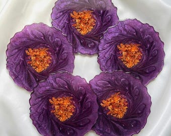 Handmade Deep Purple Resin Coaster Set, Luxury Floral Drink Coaster with Copper Accents, Royal Home Decor, Housewarming Gift, Aesthetic Mat