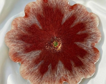 Handmade Burgundy Red Flower Resin Coaster Set, Unique Wine Red Floral Drink Coaster with Gold Glitters, Elegant Home Decor, Romantic Gift