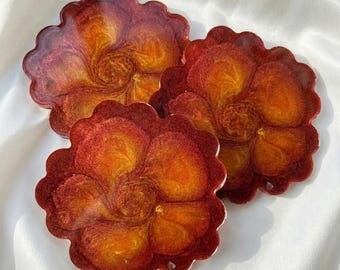 Handmade Ruby Red Flower Resin Coaster Set, Unique Deep Red Floral Drink Coaster with Gold Glitters, Luxury Home Decor, Housewarming Gift