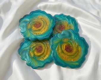 Handmade Teal and Gold Resin Coaster Set, Unique Floral Drink Coaster with Copper Center, Aesthetic Home Decor, Housewarming Gift Idea