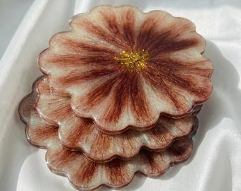 Handmade Copper Floral Resin Coaster Set, Unique Bronze Flower Drink Coaster with Gold Glitters, Vintage Home Decor, Housewarming Gift Idea