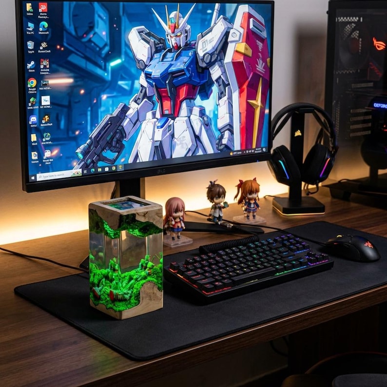 May include: A gaming setup featuring a computer monitor displaying a robot graphic, a mechanical keyboard with RGB lighting, and a mouse. A decorative cube with green accents sits on the desk, along with figurines and headphones.