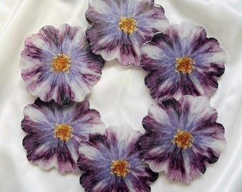 Handmade Smoky Purple Flower Resin Coaster Set, Unique Violet Floral Drink Coaster with Gold Glitters, Elegant Home Decor, Housewarming Gift