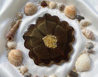 Handmade Amber Flower Resin Coaster, Luxury Chocolate Floral Drink Coaster with Gold Leaf, Elegant Coffee Table Decor, Housewarming Gift