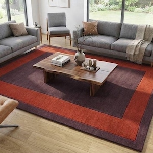 Plum Purple Hand Tufted Wool Rug, Rust Orange Border, Modern Solid Color Rectangular Area Carpet