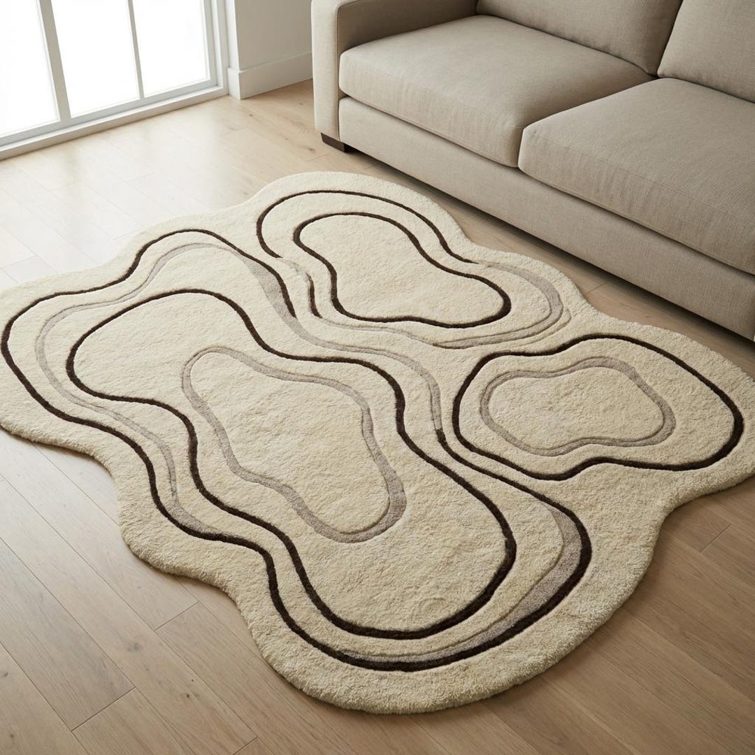 Puddle Rug Shape Irregular Shaped Area Rug | Organic Modern Wavy Carpet | Beige Abstract ...