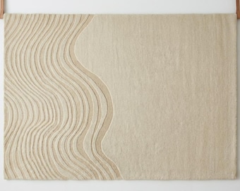 Minimalist Zen Garden Area Rug | 3D Textured Beige Carpet | Hand Tufted Wavy Line Rug | Japandi Organic Modern Decor | Cream Carved Mat