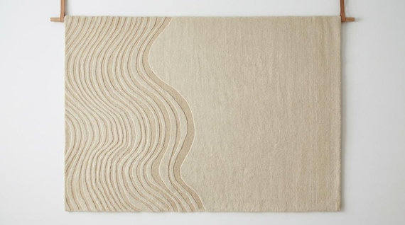 Minimalist Zen Garden Area Rug | 3D Textured Beige Carpet | Hand Tufted Wavy Line Rug | Japandi Organic Modern Decor | Cream Carved Mat