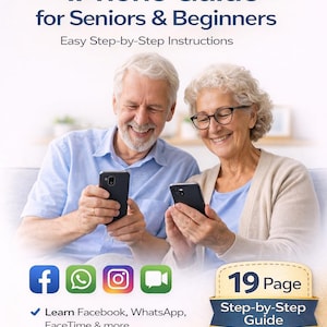 May include: An iPhone guide for seniors and beginners. The image shows an older couple using smartphones. The guide offers easy step-by-step instructions, including Facebook, WhatsApp, and FaceTime. It also includes visual guides and tips to stay safe from scams. The guide is 19 pages.