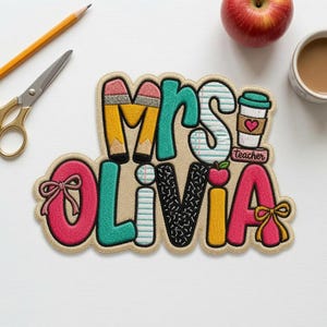Custom Teacher Name Embroidered Patch, Personalized Mrs Teacher Gift, Back To School Applique, Cute Classroom Patch, Teacher Tote Decor