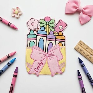Personalized Crayons Box Name Patch, Custom Name Pastel Pencil Girly Iron On Patch, Back To School Gift For Girls, Backpack Jacket