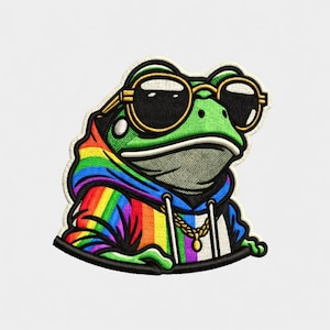 Drip Frog Pride Embroidered Patch, Swag Rainbow Frog LGBTQ Patch, Funny Gay Pride Iron On Sew On, Frog Lover Gift, Streetwear Pride Patch