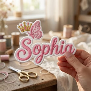 Puede incluir: Un parche bordado personalizado con el nombre Sophia en letra cursiva rosa y borde blanco. El diseño incluye una pequeña corona dorada y una mariposa rosa situadas sobre el nombre, creando una aplicación decorativa para artículos de tela.