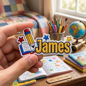 Benutzerdefinierte Name Bleistift Buch gestickt Eisen auf Patch, Zurück in der Schule, DIY Rucksack Federmäppchen Uniform Applikation, Kinder Lehrer Geschenk, Klettverschluss