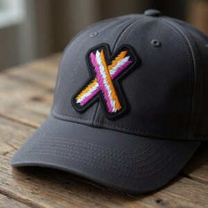 May include: Charcoal gray baseball cap with a colorful embroidered patch. The patch features a stylized 'X' design in white, pink, and orange, outlined in black. The cap has a curved brim and a button on top.