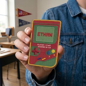 Personalized Retro Game Boy Embroidered Patch Iron On Sew On Hook Loop, Custom Name Player 1 Start Gamer DIY Hat Cap Jacket Gamer Gift