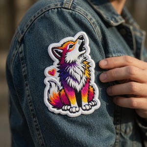 May include: Embroidered patch featuring a colorful wolf howling. The wolf has a white face, a purple and orange body, and a small heart. The patch is sewn onto a denim jacket.