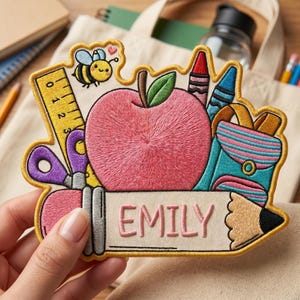 May include: Embroidered patch featuring a pink apple, school supplies, and a bee. The patch includes a ruler, scissors, crayons, and a backpack. The name "EMILY" is embroidered on a banner. The patch has a yellow border and is held by a hand.