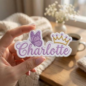 Custom Name Princess Crown Embroidered Iron On Patch, Purple Butterfly, DIY Baby Girl Denim Jacket Applique, Nursery Gift, Sew Velcro