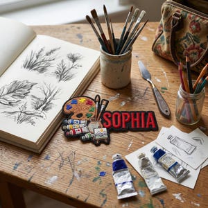Puede incluir: Un escritorio de madera exhibe materiales de arte, incluyendo tubos de pintura, pinceles y un parche en forma de paleta con el nombre "SOPHIA". También hay un cuaderno de bocetos con dibujos de plantas y un pequeño tarro de lápices de colores.