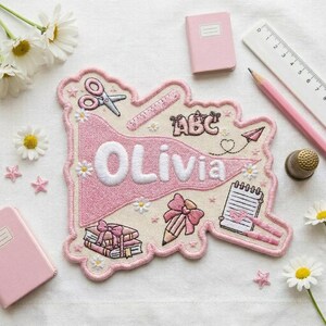 Personalized Back To School Name Patch, Custom Name Pink Pennant Girly Iron On Patch, Birthday Gift For School Girls, Backpack Jacket