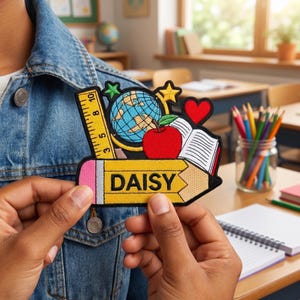 Può includere: Una toppa ricamata colorata con una matita gialla con il nome "DAISY". La toppa include anche un righello, un mappamondo, una mela, un libro aperto, una stella e un cuore, il tutto in colori vivaci. Ideale per articoli a tema scolastico o insegnante.