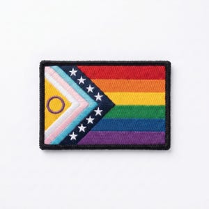 May include: Embroidered patch featuring a flag design with a rainbow gradient and a geometric pattern. The patch includes a yellow section with a circle, a section with the transgender flag colors, and a blue chevron with white stars. The patch is outlined in black.