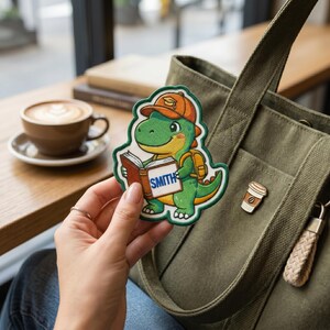 May include: A green dinosaur patch wearing a graduation cap and backpack, holding a book with the name "SMITH" on it. The patch is being held near a green tote bag and a coffee pin.