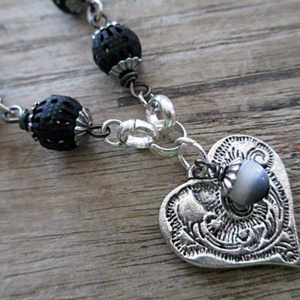 Silver Heart Necklace Handmade Beaded Jewelry Long Boho Black Gray Grey