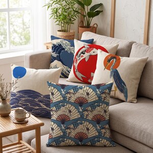 Housse de Coussin Motif Japonais Traditionnel | Décoration Intérieure Zen et Japandi pour Salon | Vague de Kanagawa, Carpe Koï et Héron