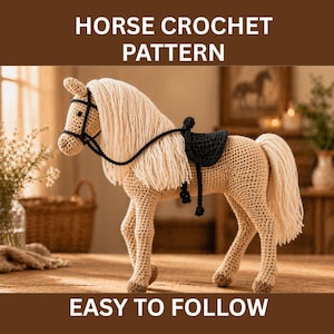 Op de afbeelding: Een gehaakt paard met een bruin lichaam, crèmekleurige manen en staart, en een zwart zadel en hoofdstel. De tekst "HORSE CROCHET PATTERN" en "EASY TO FOLLOW" wordt in witte tekst op een bruine achtergrond weergegeven.