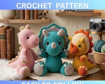 Schema PDF 3 in 1 per dinosauro all'uncinetto / Tutorial per peluche dinosauro amigurumi / Schema per giocattolo all'uncinetto adatto ai principianti / Download immediato fai da te
