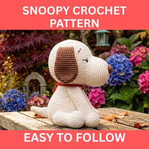 May include: A crocheted Snoopy dog pattern. The dog is white with brown ears and a brown nose. It has a red collar and a small bell. The text "Snoopy Crochet Pattern" and "Easy to Follow" are displayed in the image.