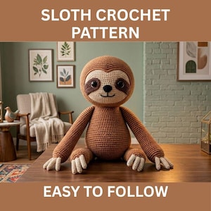 Puede incluir: Un juguete de perezoso tejido a ganchillo en color marrón y crema con ojos oscuros y nariz negra. El texto SLOTH CROCHET PATTERN y EASY TO FOLLOW aparece en letras blancas sobre un fondo marrón encima y debajo del juguete.