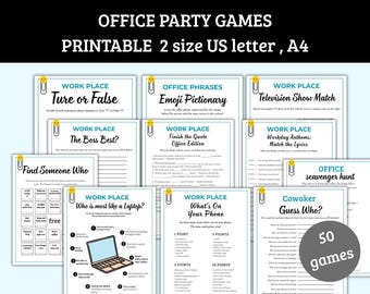 Puede incluir: Una colección de juegos imprimibles para fiestas de oficina, que incluyen "Verdadero o Falso", "Emoji Pictionary" y "Match de programas de televisión". Los juegos están diseñados para la diversión en el lugar de trabajo y están disponibles en tamaños US letter y A4. La imagen muestra una variedad de tarjetas de juego.