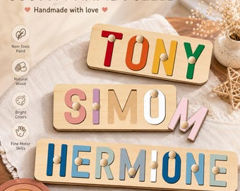 Puede incluir: Rompecabezas de nombres personalizados de madera con letras coloridas que deletrean "TONY", "SIMON" y "HERMIONE". Cada rompecabezas presenta una base de madera natural con pintura brillante y no tóxica y clavijas para facilitar el manejo. El texto "CUSTOM NAME PUZZLE" y "Handmade with love" están en la parte superior.