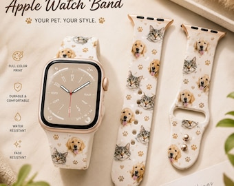 Puede incluir: Correa de Apple Watch personalizada con un patrón de caras de gatos y perros y huellas de patas sobre un fondo crema. El texto dice "YOUR PET. YOUR STYLE."