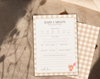 Puede incluir: Una tarjeta de predicciones y consejos para baby shower con un borde de cuadros vichy beige. La tarjeta incluye indicaciones para el mes de nacimiento, el día de nacimiento, la hora, la longitud, el peso y el nombre del bebé. Un pequeño oso de peluche con un globo rosa está en la esquina.