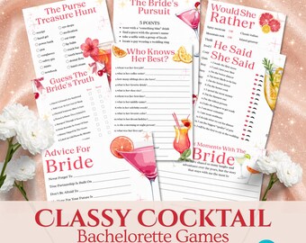 Puede incluir: Un conjunto de juegos imprimibles para despedidas de soltera con temática de cócteles elegantes. Los juegos incluyen "The Purse Treasure Hunt", "The Bride's Pursuit" y "Would She Rather". El diseño presenta ilustraciones de cócteles rosas y naranjas.