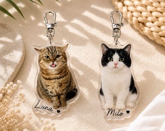 Puede incluir: Dos llaveros acrílicos de gatos. Un llavero presenta un gato atigrado con la lengua fuera, con el nombre "Luna" escrito debajo. El otro llavero presenta un gato blanco y negro, con el nombre "Milo" debajo.