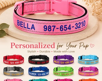 Puede incluir: Collar rosa personalizado para perros con el nombre "BELLA" y el número de teléfono 987-654-3210 en azul. La imagen muestra otros collares coloridos.