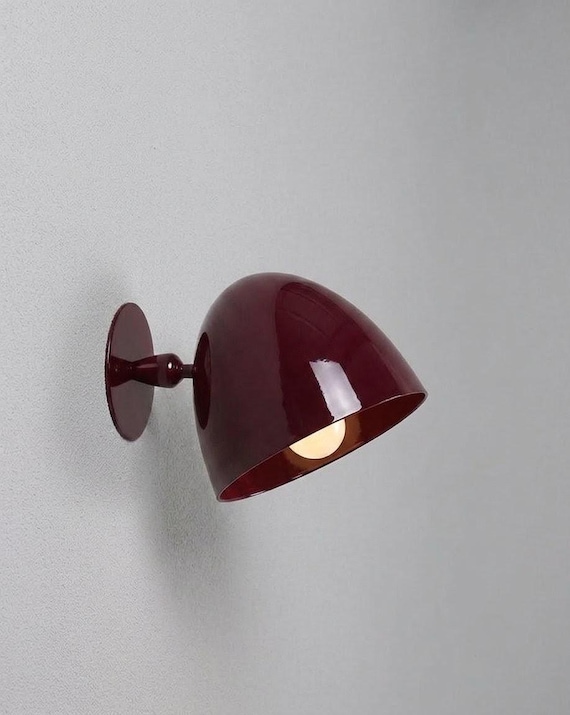 Mid Century Modern Burgundy Wall Sconce, Glossy Bell Wall Light, Adjustable Bedroom Reading Lamp, Retro Italian Style Lighting