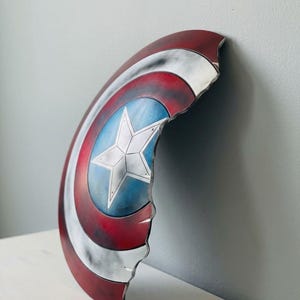 以下が含まれることがあります： ダメージ加工が施されたキャプテン・アメリカのシールド。赤、白、青の配色で、青い円の中に白い星が描かれています。シールドは灰色の壁に立てかけられています。