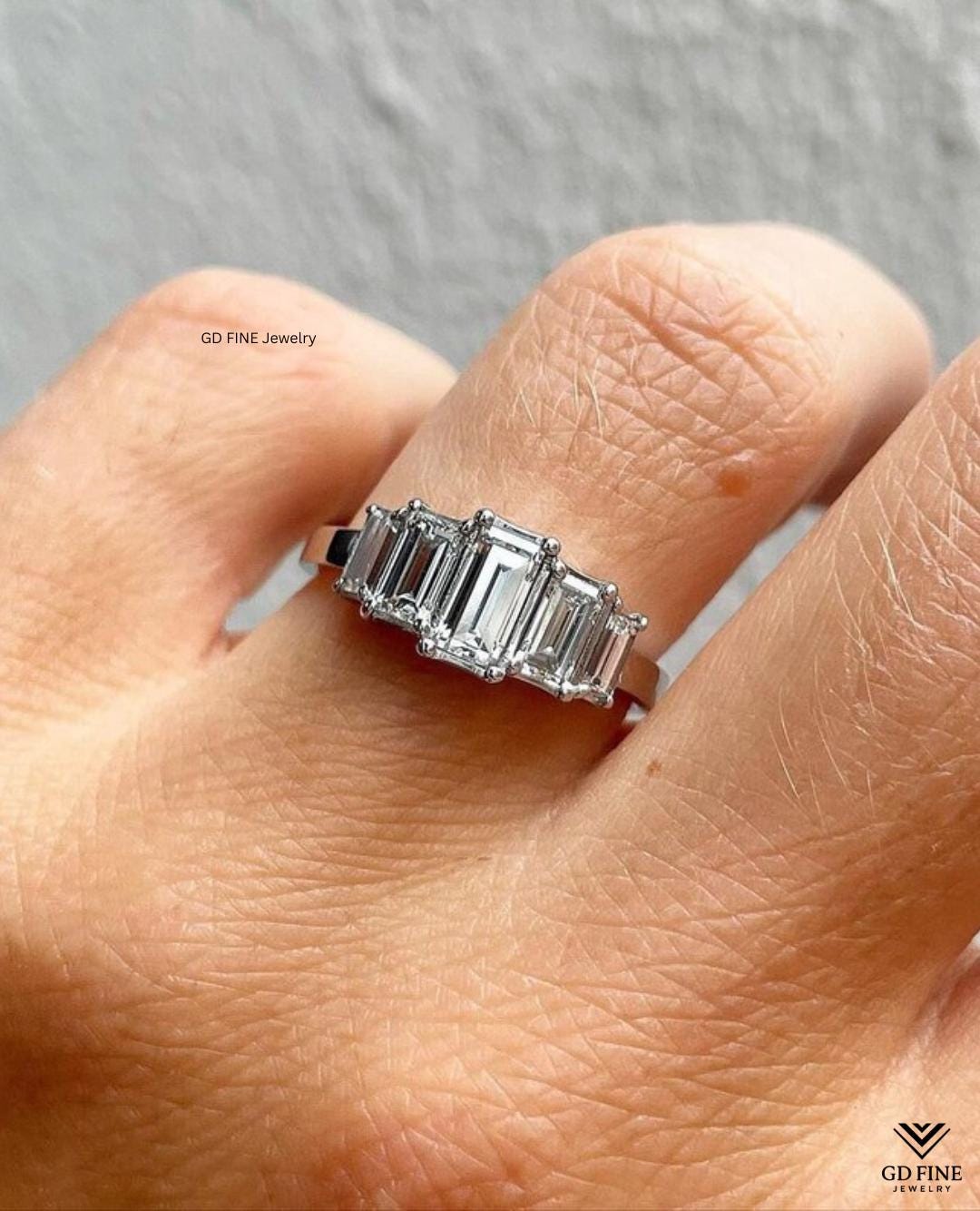Emerald Cut Lab Diamond Three Stone Engagement Ring, Trilogy Ring for ...