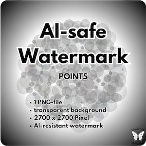 Puede incluir: Gráfico cuadrado con fondo degradado, texto "Al-safe Watermark" en negrita negra. Debajo, "POINTS" y detalles: 1 archivo PNG, fondo transparente, 2700 x 2700 píxeles y marca de agua resistente a la IA.